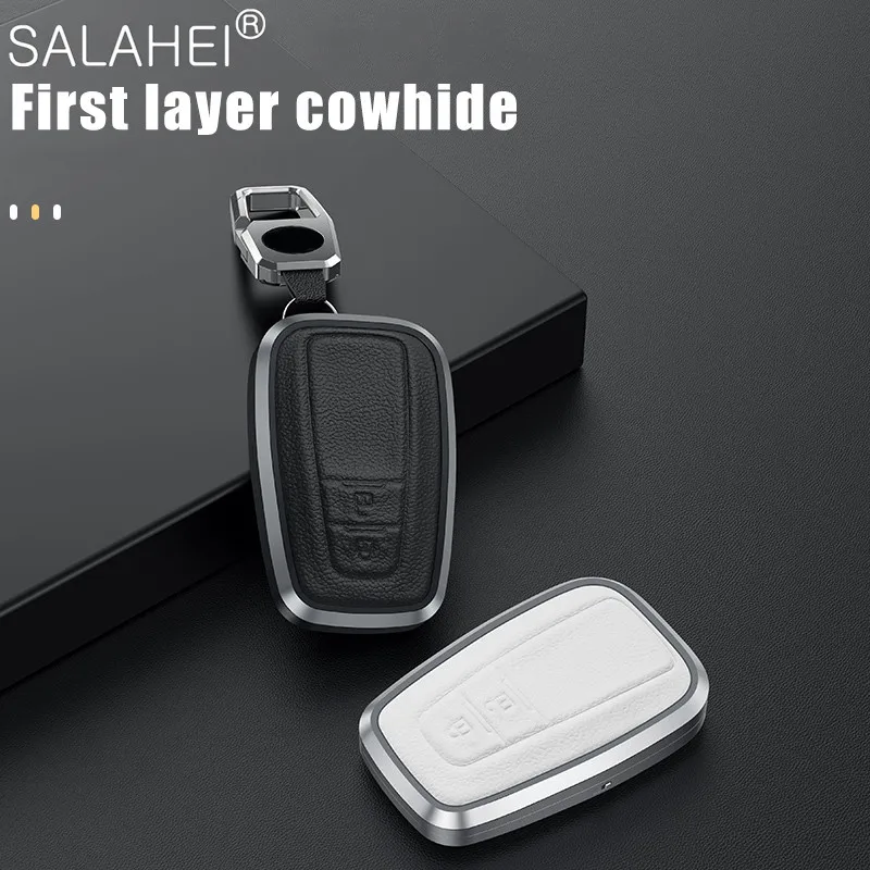 Car Leather Key Case Aluminum Alloy Cover For Toyota Camry Prado 2017 2018 CHR Prius Corolla RAV 4 Auto Full Protect Key Shell