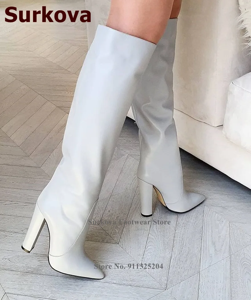 Surkova Nude White Chunky Heel Knee High Boots Pointed Toe Slip-on Dress Shoes Fall Winter Outdoor Pumps Long Boots Size46