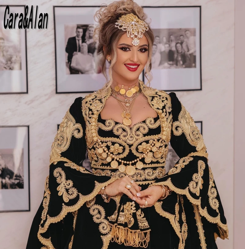 Black Traditional Kosovo Albanian Caftan Prom Dresses Long Sleeves Gold Applique Evening Dress for Women Wedding Party Wear