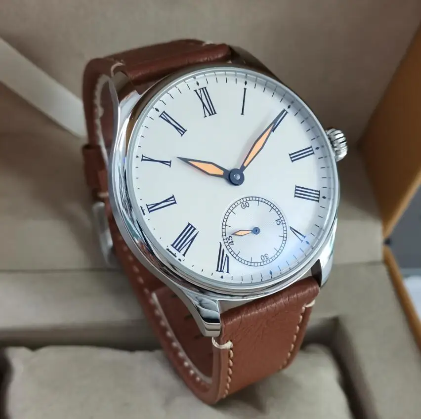 GEERVO No logo 44mm Rice white dial Roman number Orange hand Manual mechanical men\'s Watch Seagull ST3621 movement