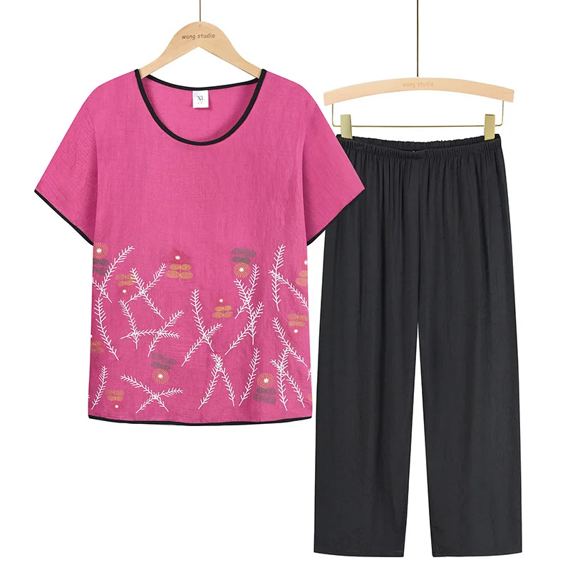 

4XL Pijama Mujer New Print Cotton Pajama Sets Short Sleeve 3/4 Pant Sleepwear Middle-Age Pyjamas Women Loungewear Home Suit