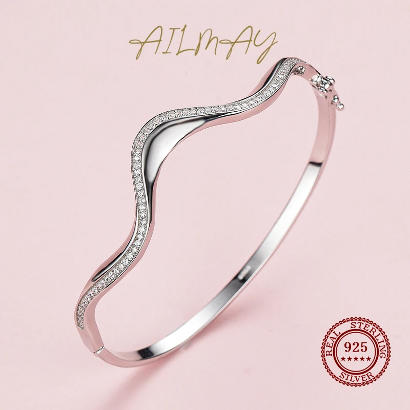 Ailmay Solid 925 Sterling Silver Irregular New Fashion Simple Wave Line Bracelets Clear Zircon Europe Wedding Engagement Jewelry