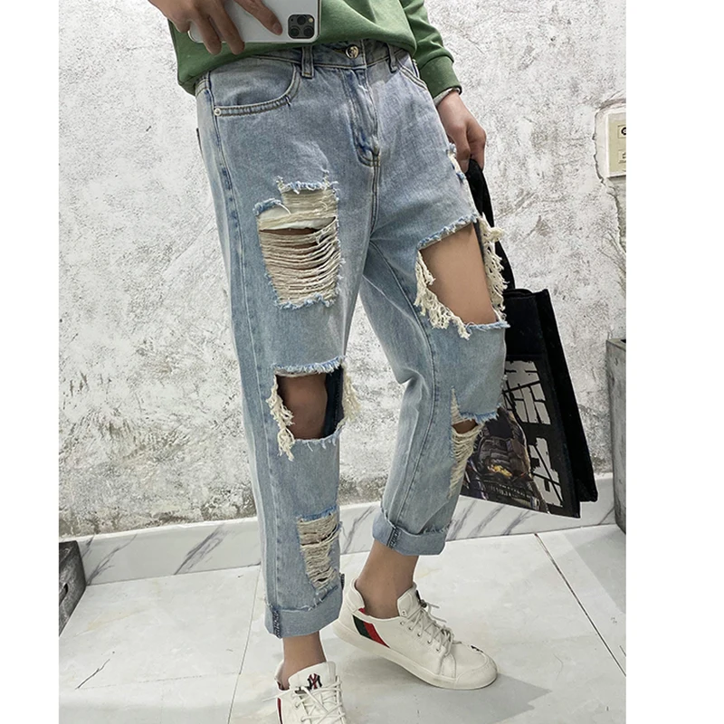 Korean version of knee big hole jeans  loose straight personalized beggar pants summer men's ins washing