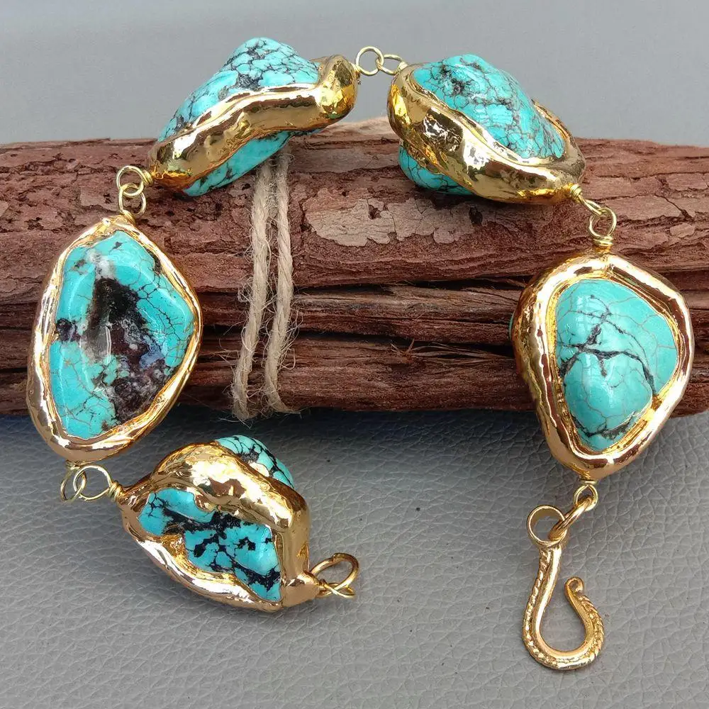 YYGEM 9\'\' Freeform Nugget Blue Turquoise Yellow Gold color Edge Wrap Bracelet Vintage style For women