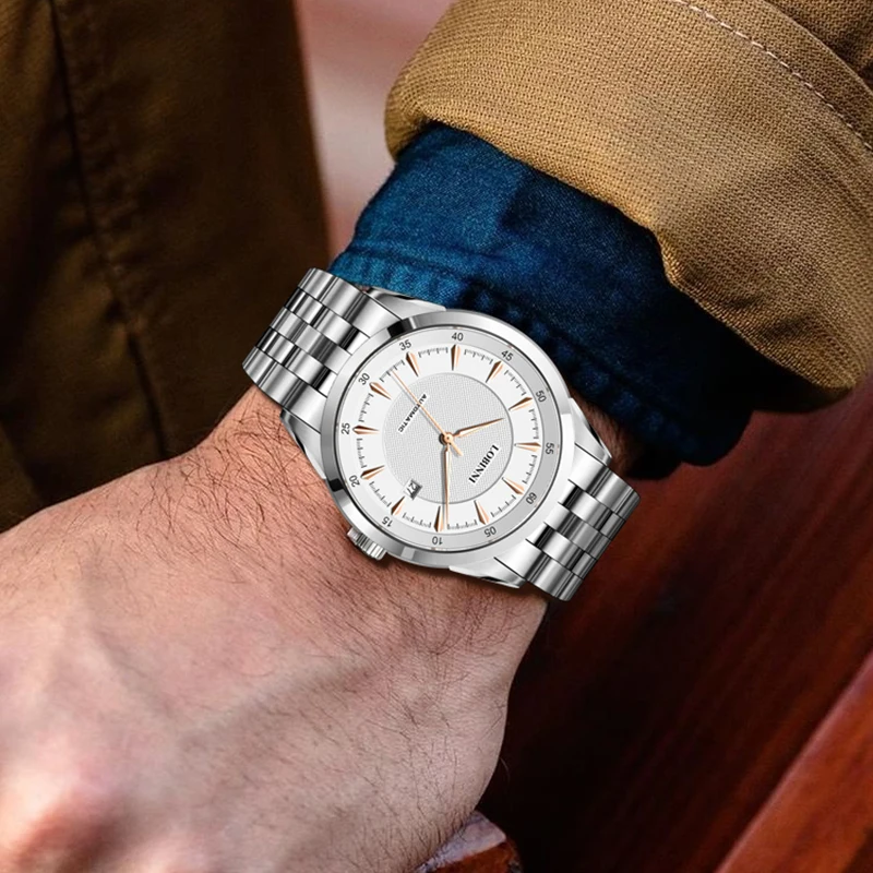 ロビニ-メンズ機械式時計,ビジネスドレス,自動日付,フルスチールスチール,発光ハンド,防水,新着