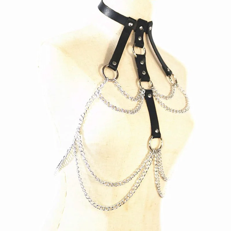 Fashion Sexy Chain Harness Leather Belts Women Bra Chest Straps Lingerie Gothic Adjust Top Bondage Body Harness Belt Chain Punk