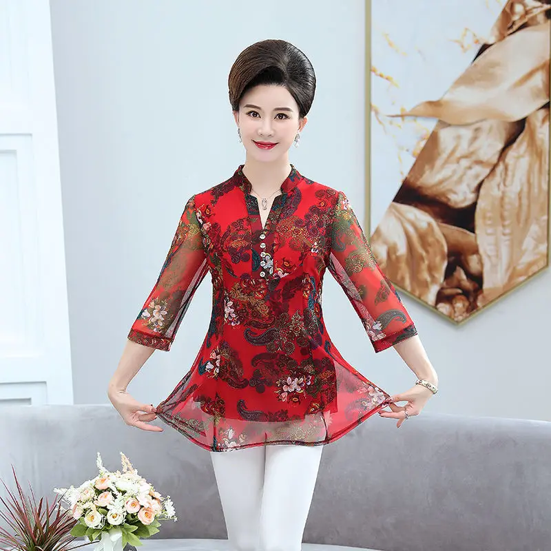 Spring Summer Chiffon Women Shirts Fashion Temperament  Pirnt Ruffle Ladies Casual Blouses Elegant Loose Tops Blusas MM1025