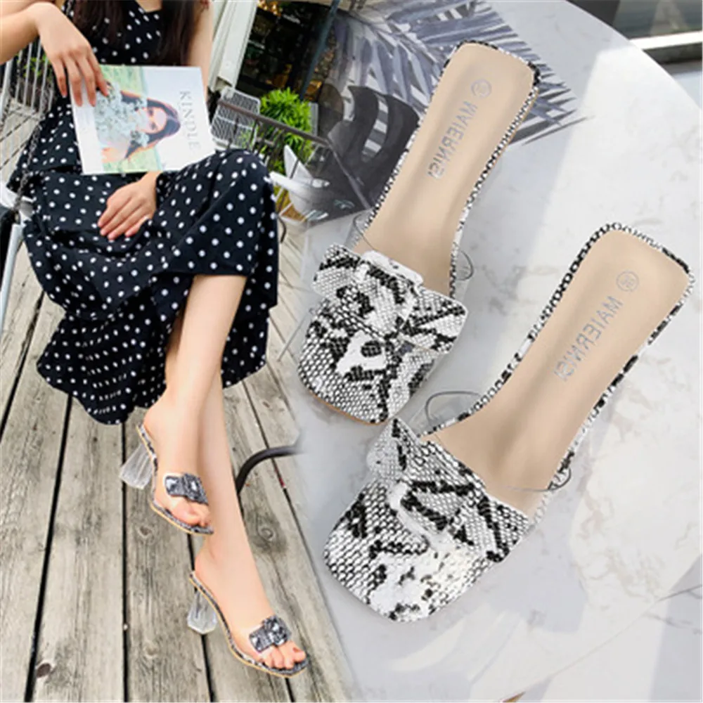 New Summer Buckle High Heels Slippers Woman Sexy PVC Transparent Square Heels Mules Female Open Snake Slippers Black White Brown