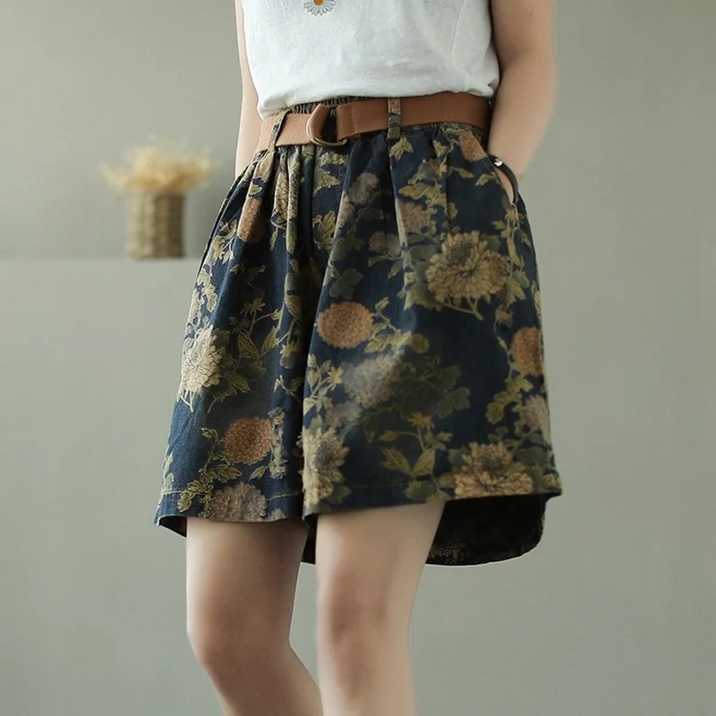 Summer Women Casual Shorts Vintage Floral Print Wide Leg Short Jeans Female High Waist Loose Denim Shorts with Pocket Streetwear