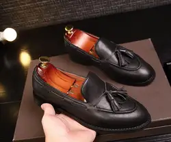 Drop Shipping 100% Genuine Leather Black Maroon Solid Color Fringe Front Slip On Loafers Man Shallow Round Toe Casual Shoes