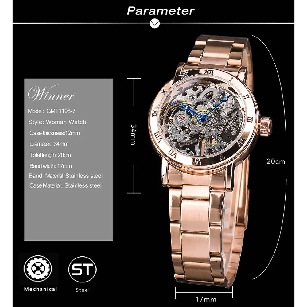 Winner Skeleton Dial Stainless Steel Exquisite Watch Rose Golden Women Fashion Watch Luxury Brand Waterproof Mechanical Clock