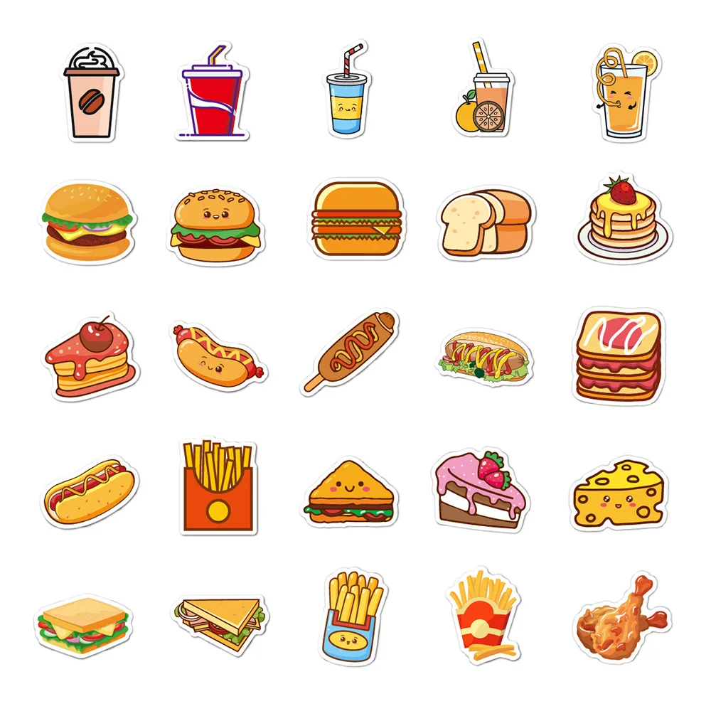 10/30/50PCS Food Hamburger Drink Cake Fruit Cartoon Stickers DIY Laptop Luggage Skateboard Graffiti Decals Sticker