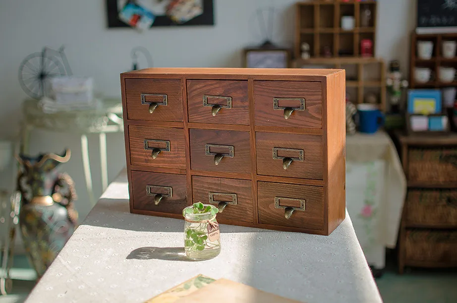 1PC 9 Drawer Storage Box Groceries Vintage Wooden Finishing Cabinet Desktop Wall Organizer Box 39x10x26cm  JL 075