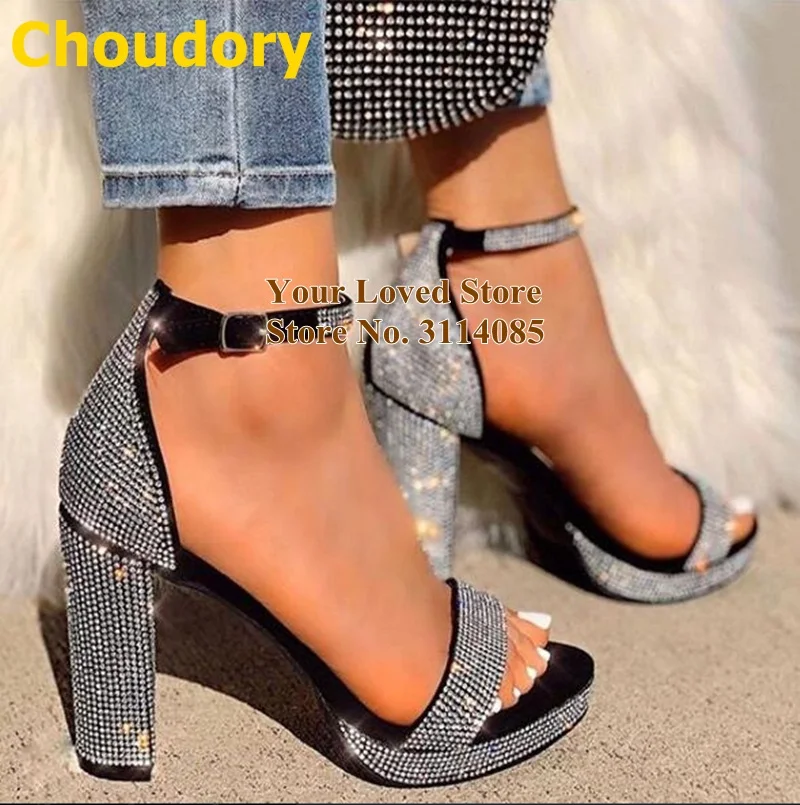 Choudory Bling Bling Chunky Heels Sandals Silver Black Crystal Platform Wedding Shoes Buckle Strap Glitter Party Shoes Size46