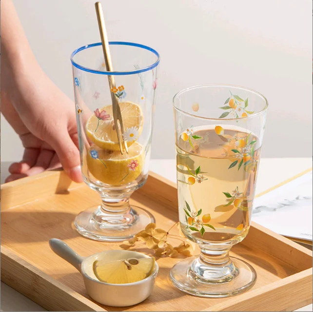 Clear Bar Drinking Goblet Korean Phnom Penh Cute Printed Glass Cup French Romantic Shorty Ice Cream Cup Dessert Mojito Wine Cup