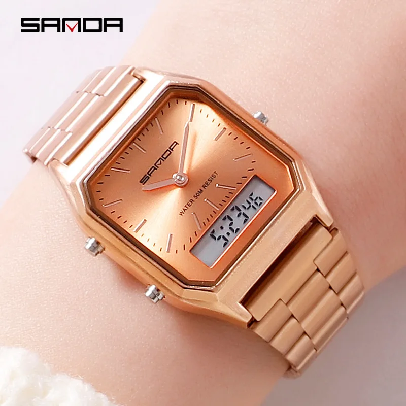 Fashion Sanda Brand Men Watches Retro Stainless Steel Band Digital Display erkek kol saati zegarek damski relogios Wristwatches