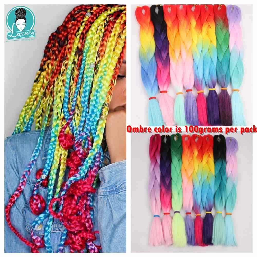 Extensiones de cabello trenzado sintético de Henlon, trenzas Jumbo, textura pequeña Yaki, neón sólido, rosa, púrpura, Ombre, lujo, 24 pulgadas, 60cm