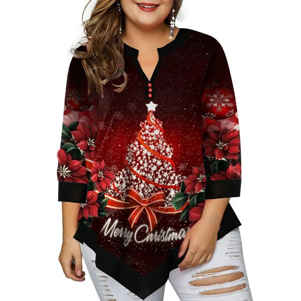 2021 inverno blusa feminina com decote em v manga de três quartos natal impresso flowy plus size blusas femininas camisa festa de natal