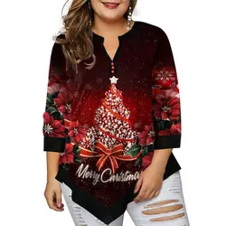 2021 Winter Women Blouse Top V Neck Three-quarter Sleeve Christmas Printed Flowy Plus Size Women Blouses Shirt Party Xmas