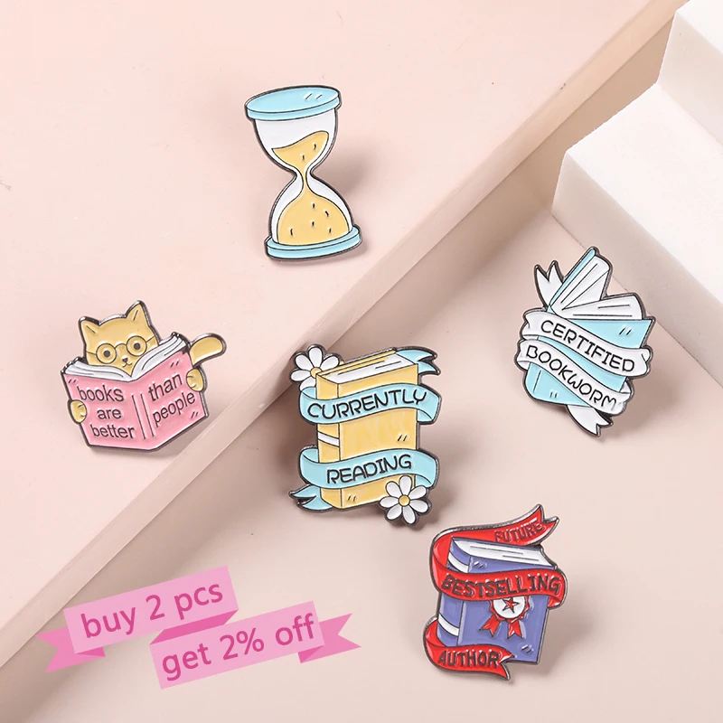 Book Enamel Pins Book Quote Banner Brooches Hourglass Badges Reader Bookworm Book Lover Students Jewelry Accessories Gifts