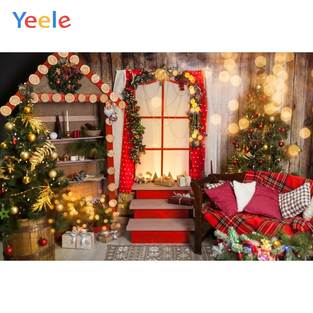 

Photophone Christmas Background Wood House Brick Wall Tree Gift Sock Fireplace Bookshelf Photography Backdrop For Photo Studio