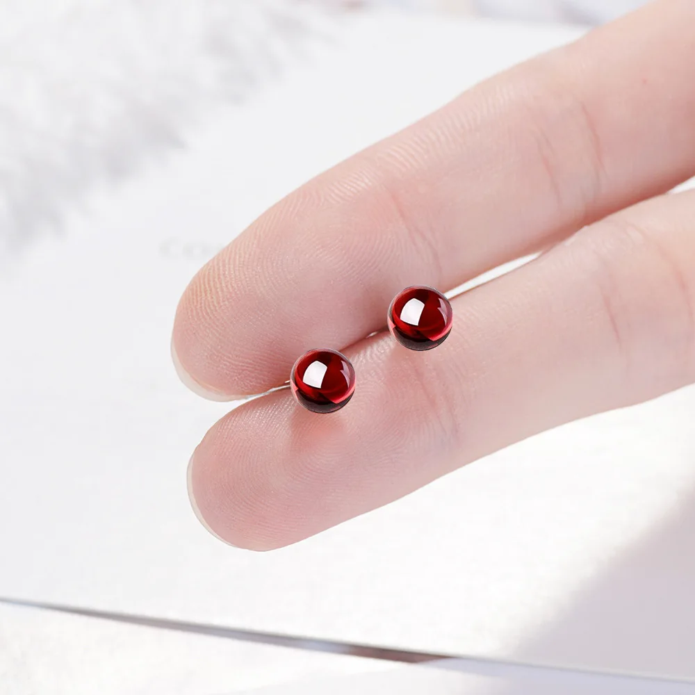 Fashion Simple Round Natural Garnet Stone 925 Silver Needle Lady Stud Earrings Wholesale Jewelry For Women Drop Shipping Gift