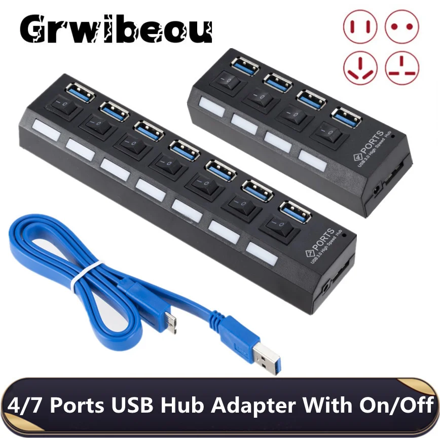 Grwibeou – séparateur USB HUB 4/7, 3.0 ports, Multi USB, avec interrupteur, adaptateur d'alimentation, Mini Hub, connecteur de câble pour ordinateur portable