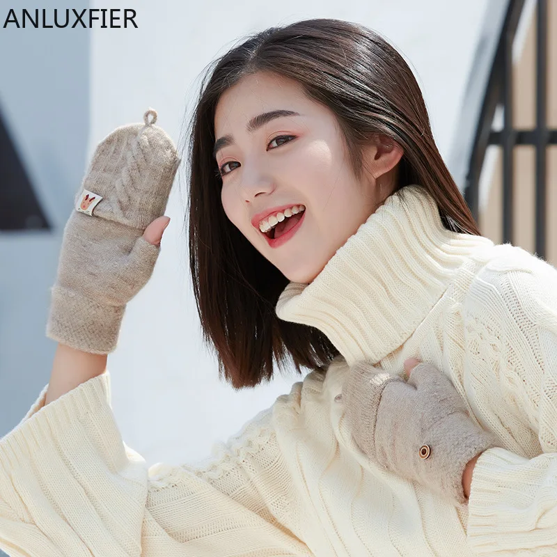 

H9985 Knitted Gloves Women Autumn Winter Windproof Thick Warm Half Finger Mittens Female Lovely Student Korean Fashion Hand Muff