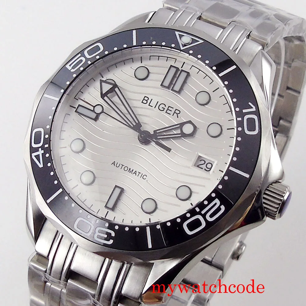 Bliger คุณภาพสูง24 Jewels NH35อัตโนมัติ41มม.นาฬิกาผู้ชายสีขาว Dial Sapphire คริสตัลสายข้อมือโลหะตัวบ่งชี้วันที่
