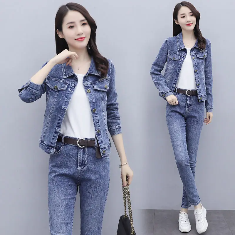 Female Jeans Suit Female Fashion Two-Piece Single-Breasted Mid-Length Two-Piece Suit Thin  All-Match Elasticity Embroidered B17