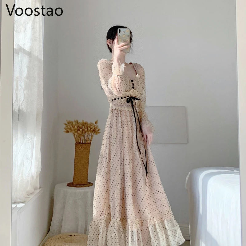 女性のためのシルクシフォンイブニングドレス,フレンチ,ヴィンテージ,シック,波状,プリント,レース,スリム,エレガント,長袖