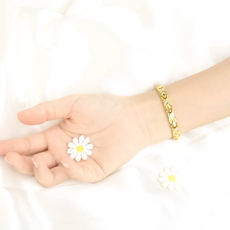 

7mm Punk Rose Gold Color Magnetic Stone Health Bracelet Women CZ Zircon Stainless Steel Bike Care Power Therapy Bangle Jewelry