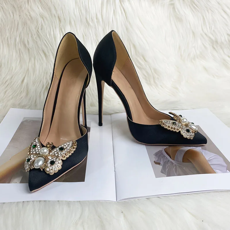 Keshangjia Ms pointed black 12 cm high heels and sexy side empty fine elegant pearl shoes with open toe party 33 to 45 yards