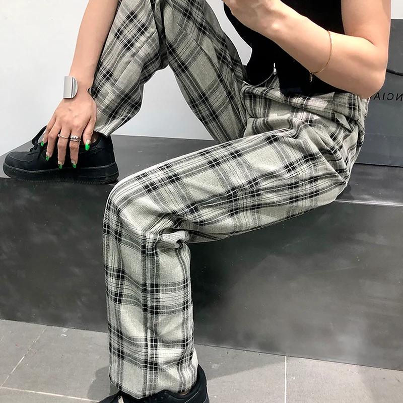 Pants Women Vintage Plaid Fashionable Full-length Trousers High Waist Streetwear Harajuku Female Chic Straight Casual Students