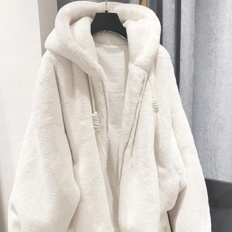 Fall Winter Lamb Wool Plush Coat Rabbit Fur Hooded Loose Outerwear Loose Parka Top Warm Soft Zipper Faux Fur Coat Plush Overcoat