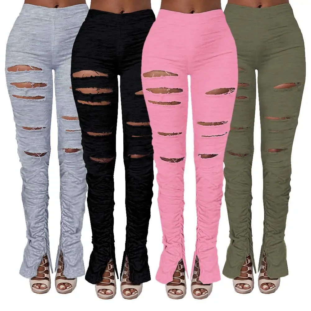 

Women High Waist Stacked Sweatpants Ripped Holes Fitness Ruched Pants Trousers Hole Sport Leggings