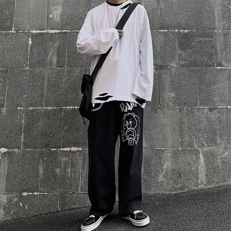 Men's Spring And Autumn New Hip-Hop Popular High Street Hip-Hop Leisure Hole Lovers With A Loose Large Long Sleeve T-Shirt
