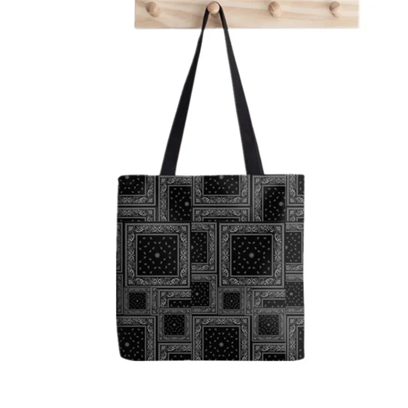 2021 Shopper Bandana Black Flower Print Tote Bag women Harajuku shopper handbag girl Shoulder shopping bag Lady Canvas Bag