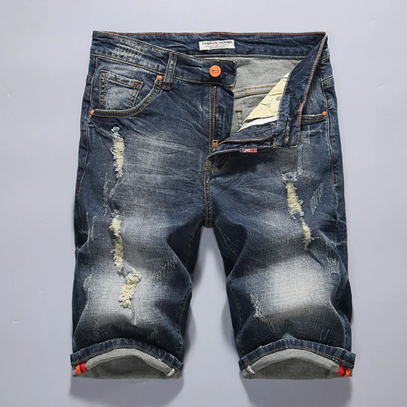 EL BARCO Summer Ripped Holes Men Cotton Shorts Jeans Hip Hop Scratches Blue Denim Pants Male Soft Knee-Length Casual Trousers