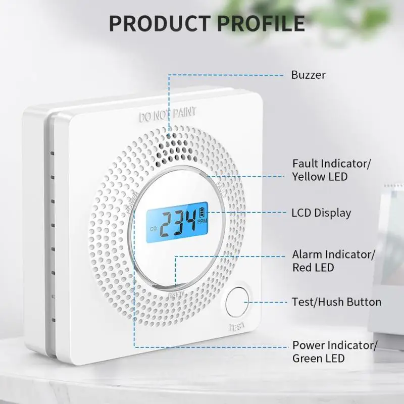 Combinazione sensore di allarme fumo CO con Display funzionamento a batteria da solo rilevatore di carbonio indipendente da 85db con suono sirena incorporato