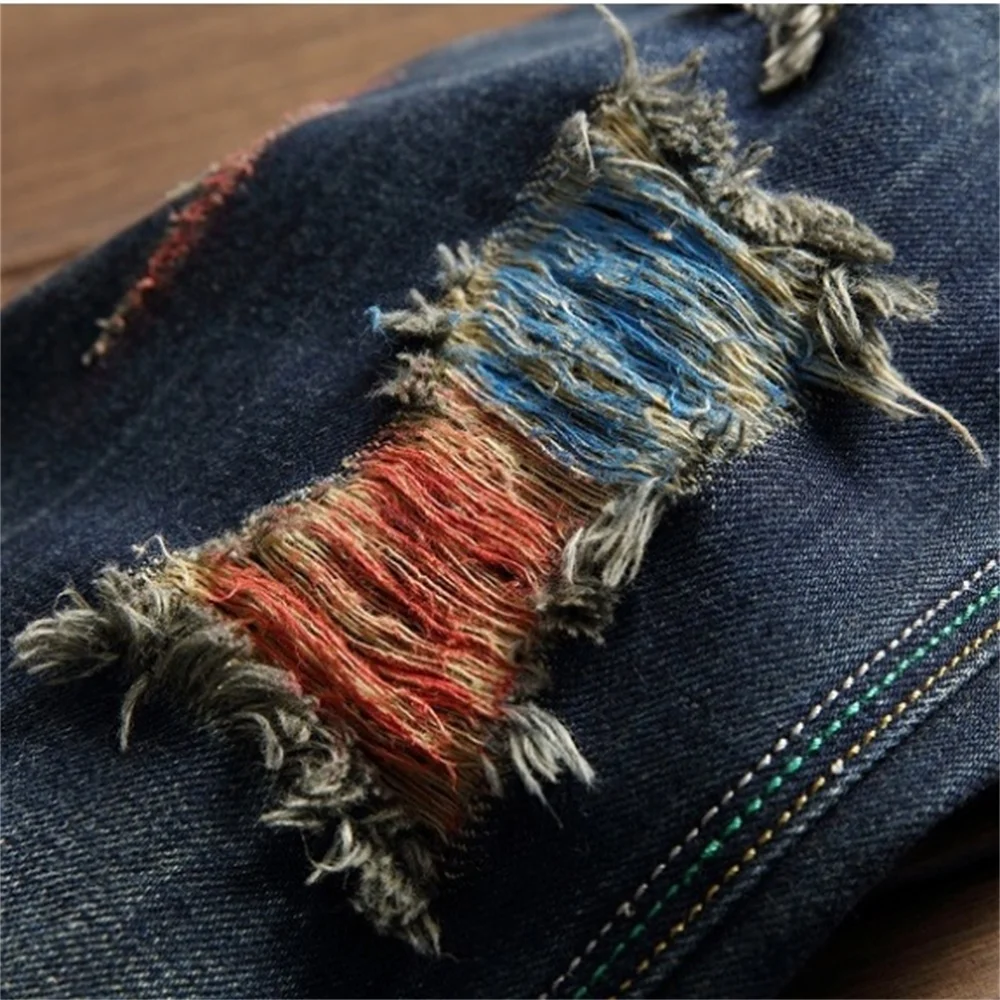 EH·MD® Rainbow Color Scratched Jeans Men's Ripped Embroidered Geometric Shape Straight Cotton Soft Stretch Slim Blue Pants 2021
