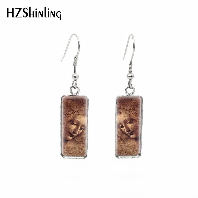 2019 New Vintage Famous Oil Painting Mona Lisa Rectangular Earrings Leonardo Da Vinci Arts Fish Hook Earring Glass Jewelry