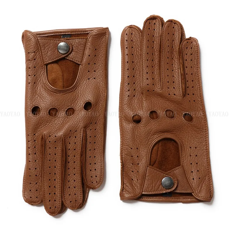 Deerskin Gloves Men Fashion 100 percent Genuine Leather Soft Mittens Male Black/Yellow Punch Holes Driving Luva Guantes Ciclismo