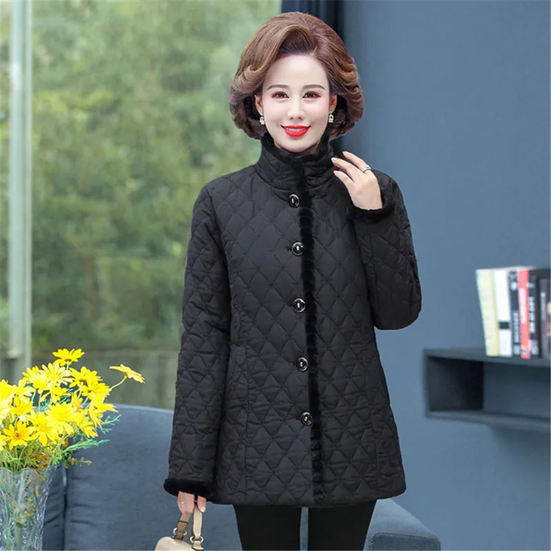 OKXGNZ Winter Jacket Plus Velvet Padded Coat Middle-Aged Women Stand-up Collar Wadded Jackets Thick Warm Short Outwear KW400