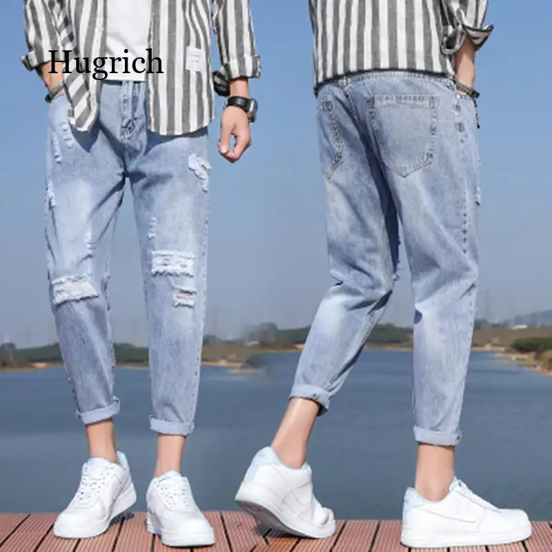 

Fashion Men's Jeans Brand Broken Hole Pants Thin Torn Men's Solid Cotton Straight Tube Loose Vintage Washed Jeans Streetwear