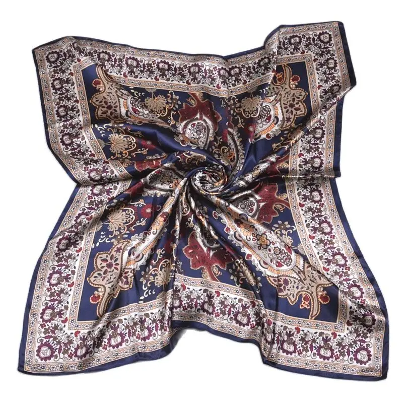 [BYSIFA] Winter Navy Blue Silk Muffler Imitated 2016 New Design Paisley Silk Scarves Wraps 90*90CM Ladies Brand Satin Scarf Cape