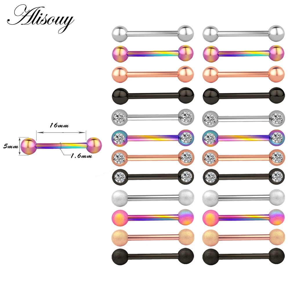 Alisouy 2PCS Steel Glitter Tongue Piercing Ring 14G Crystal Matte Nipple Piercing Bar Sexy Ring Barbell Nipple Ring 1.6*16*5mm