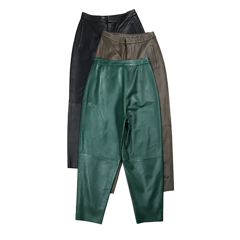 Stylish Winter New Women Genuine Leather Radish Harem Pants Female 100% Real Sheepskin Green/Grey Nine-Point Trousers Ropa Mujer