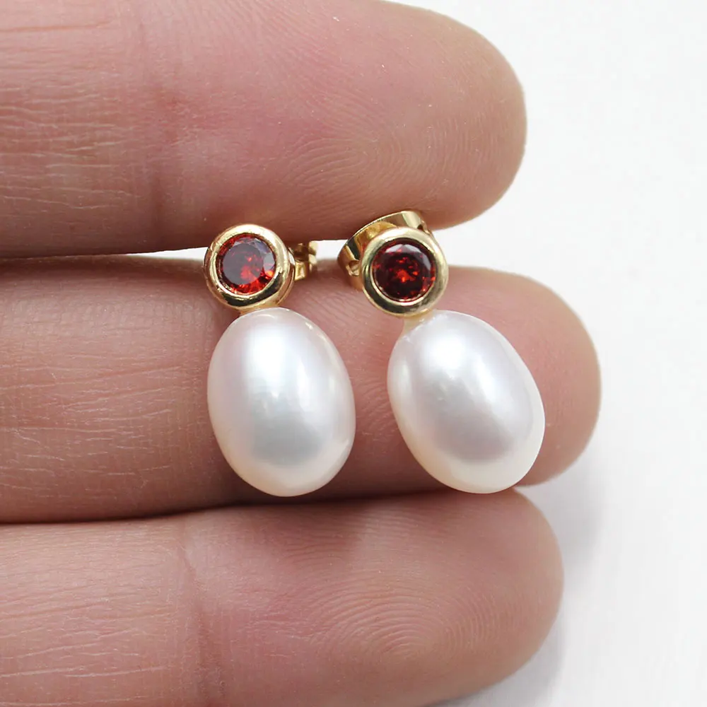 GG Freshwater Cultured White Rice Pearl Red Crystal Cubic Zirconia Pave Stud Earrings Women's Earrings