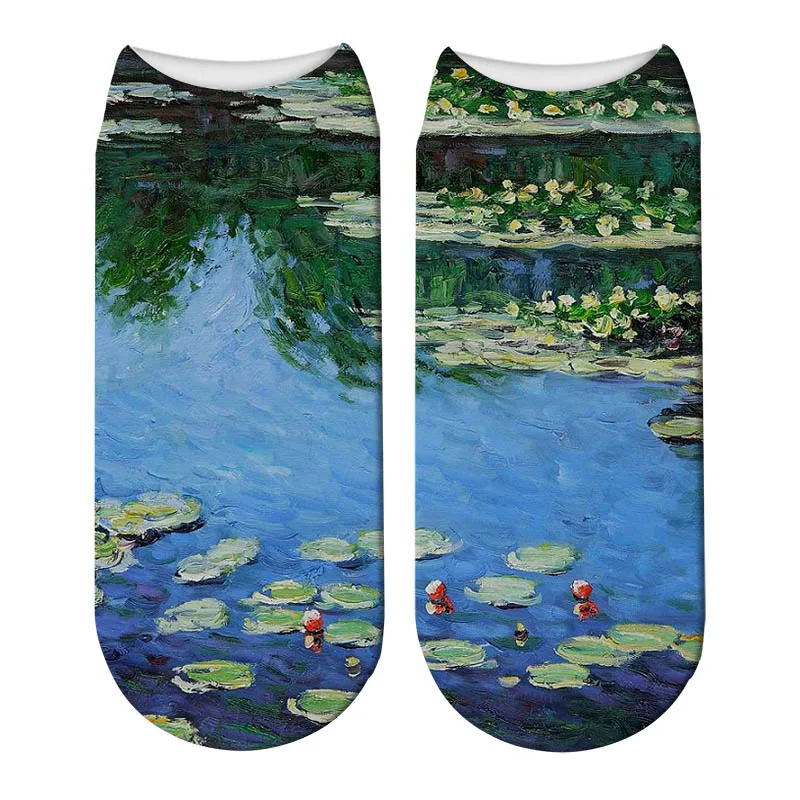 Moda 3d retro pintura arte monet meias feminino engraçado personalidade novidade feliz meias casual tornozelo algodão calcetines mujer